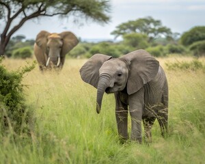Fototapeta premium Young Elephant in African Savannah. Baby elephant