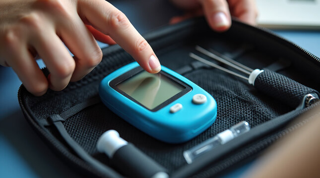 Close-Up of Diabetes Monitoring Kit in a Neatly Organized Zippered Case