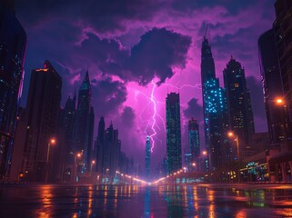 Obraz premium Dramatic lightning storm over a technological cityscape at night - Stock Photo