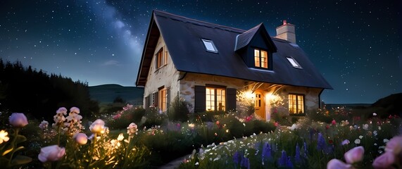 Fototapeta premium Charming cottage rich surroundings decorated with flowers under a starry night sky