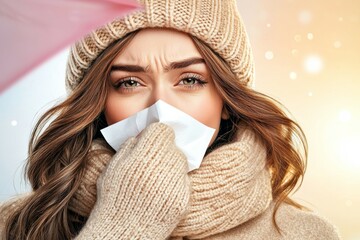 Young caucasian woman sneezing in woolen sweater outdoors during winter