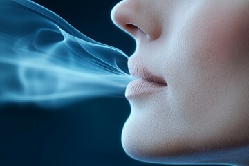 Close-up of female lips with mysterious smoke against blue background