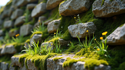 Close-Up of Moss and Wildflowers on a Rustic Stone Wall