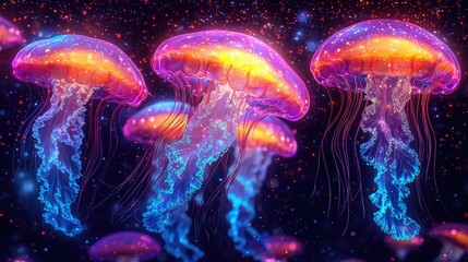 Naklejka premium Vibrant bioluminescent jellyfish swim in a dark ocean