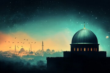 Majestic Mosque Under a Starry Night: A Spiritual Oasis of Middle Eastern Architecture