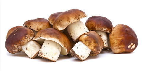 Fototapeta premium Brown mushrooms pile. Fresh forest fungi closeup. Food cooking recipe ingredient. High-angle shot white background.