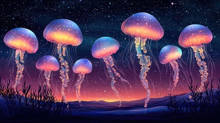Celestial Jellyfish Illuminate a Night Sky Landscape