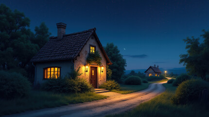 Fototapeta premium Cozy Cottage at Night Along a Curve in a Scenic Rural Path
