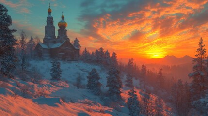 Fototapeta premium Winter Orthodox Church: A Photographic Journey Through Snow-Covered Russian Landscapes