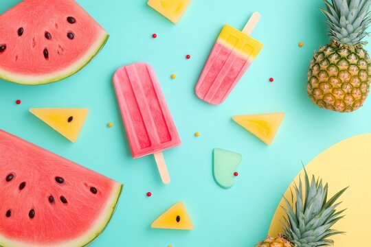 Tropical summer popsicles with watermelon and pineapple slices - Powered by Adobe
