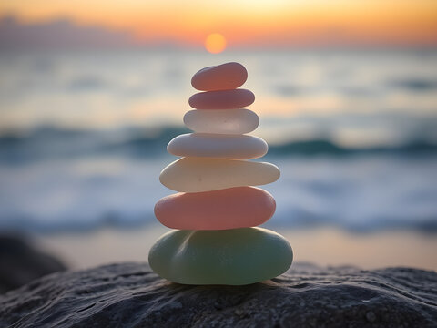 A stack of pastel-colored sea glass stones balanced on top of each other, with the sunset and ocean in the background