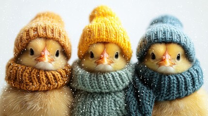Three Cute Chicks Wearing Winter Knit Hats and Scarves