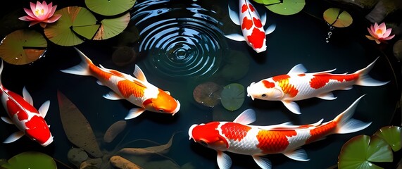 Close up of a serene Japanese koi pond showcasing beautiful fish and surrounding elements