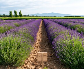 Lavender field landscape with rows of blooming purple flowers under cloudy sky