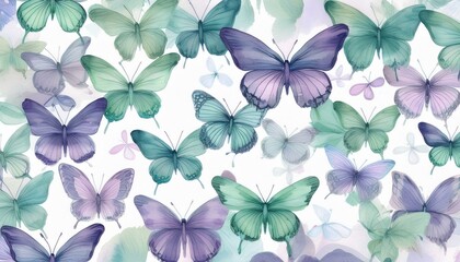 Fototapeta premium seamless hand drawn pattern of delicate butterflies on white background. Beautiful pastel creatures wallpaper design