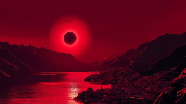 A total solar eclipse turns the sky a deep red. The Moon blocks out the Sun, creating a mysterious sight. The darkness spreads over mountains, a sea, and a small town.