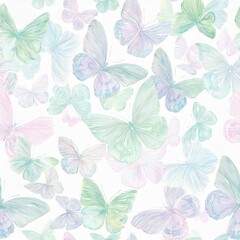 seamless hand drawn pattern of delicate butterflies on white background. Beautiful pastel creatures wallpaper design
