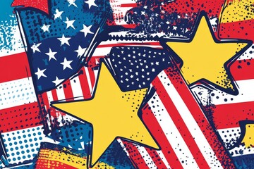 Vibrant pop art with american flags and yellow stars