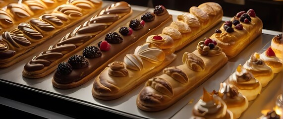Close up of scrumptious pastries arranged beautifully on a bakery display