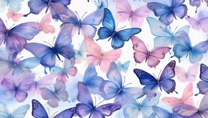 Obraz premium seamless hand drawn pattern of delicate butterflies on white background. Beautiful pastel creatures wallpaper design