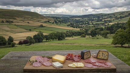 Fototapeta premium Countryside cheese and ham tasting experience scenic valley culinary delight outdoor setting panoramic view