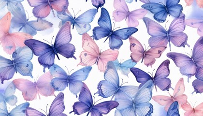Obraz premium seamless hand drawn pattern of delicate butterflies on white background. Beautiful pastel creatures wallpaper design