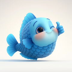 Blue winking fish with thumb up on light background