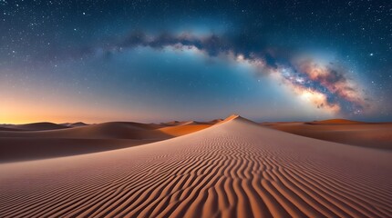 a desert nightscape under a vibrant Milky Way galaxy, large space for copy