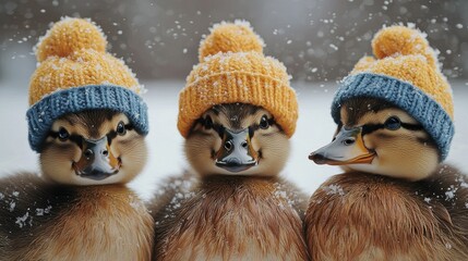 Three Ducklings Wearing Knitted Winter Hats