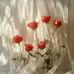 Obraz premium A cluster of red roses placed atop a white cloth-covered windowsill, alongside a white drape