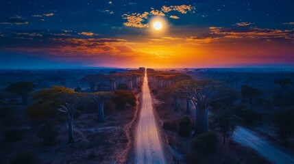 In Madagascar, there's a unique avenue where hundreds of massive Baobab trees stand tall and majestic under the moonlight.