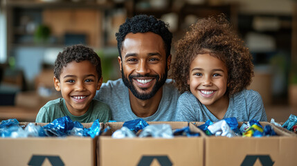 A family joyfully sorting recyclable waste in a bright, clean environment,concept