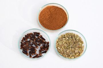 Dried cloves, fennel and cinnamon powder in a petri dish, white background