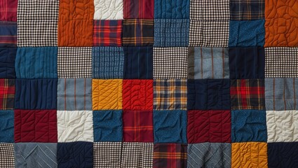 Fototapeta premium Variety of Plaid and Textured Fabric Patches in a Geometric Quilt Pattern
