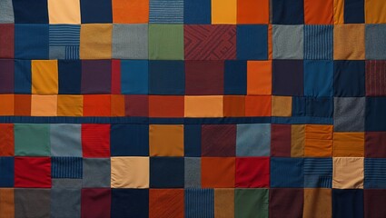 Colorful Fabric Patchwork Quilt Detail with Variety of Textures and Geometric Patterns