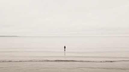 Solitary figure on tranquil beach, overcast sky; coastal serenity, travel imagery