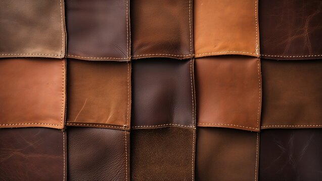 Assorted brown leather squares with visible stitching forming seamless patchwork textured background
