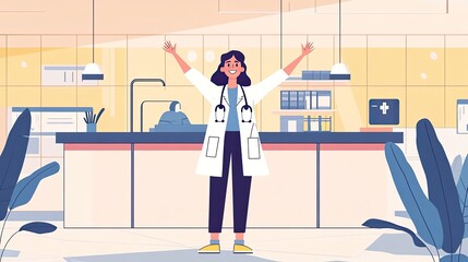 Happy female doctor celebrating success in modern clinic