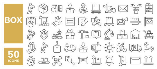 Set of 50 line icons related to box, package, delivery, shipment, distribution, product, parcel, cardboard, gift, cargo, carton, Editable stroke. Vector illustration