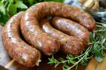Fototapeta premium Raw italian sausages seasoned with herbs, sitting on a wooden cutting board