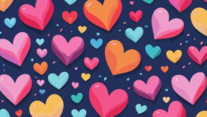 Fototapeta premium Colorful flat heart pattern background on navy blue cute design