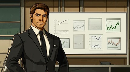 Confident businessman office portrait, financial charts background, business presentation