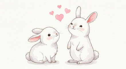Obraz premium A watercolor illustration of two cute valentine rabbits sitting side by side facing the camera with their white fur against the plain white background and pink hearts are floating in the air