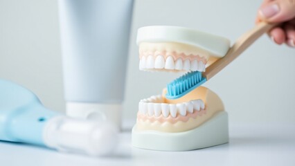 A dental model demonstrates the proper brushing technique, with a toothbrush and toothpaste placed nearby. This image highlights the importance of brushing for maintaining healthy teeth and gums.