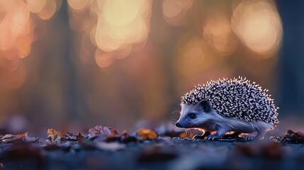 Obraz premium A hedgehog strolls through a leaf-strewn forest with a hazy backdrop