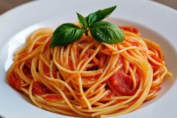 Freshly cooked spaghetti served with homemade tomato sauce and garnished with basil leaves