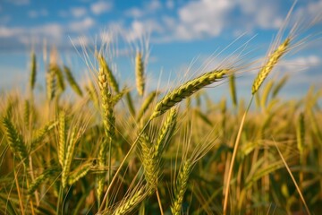 Obraz premium Wheat is growing in a field under a blue sky with clouds