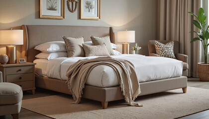 Cozy modern bedroom with soft lighting and stylish decor, comfort