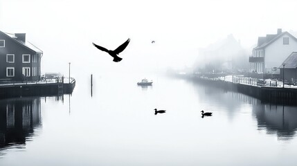   A monochromatic picture shows a bird flying above a water body near a row of houses