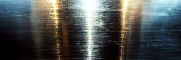 Metal surface with horizontal and vertical light reflections, casting a warm glow. Concept of abstract texture and industrial design. For background images and design templates.
